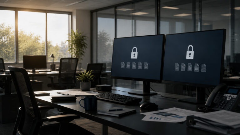 A dark office at dusk with two monitors showing lock icons and encrypted files, representing a ransomware attack