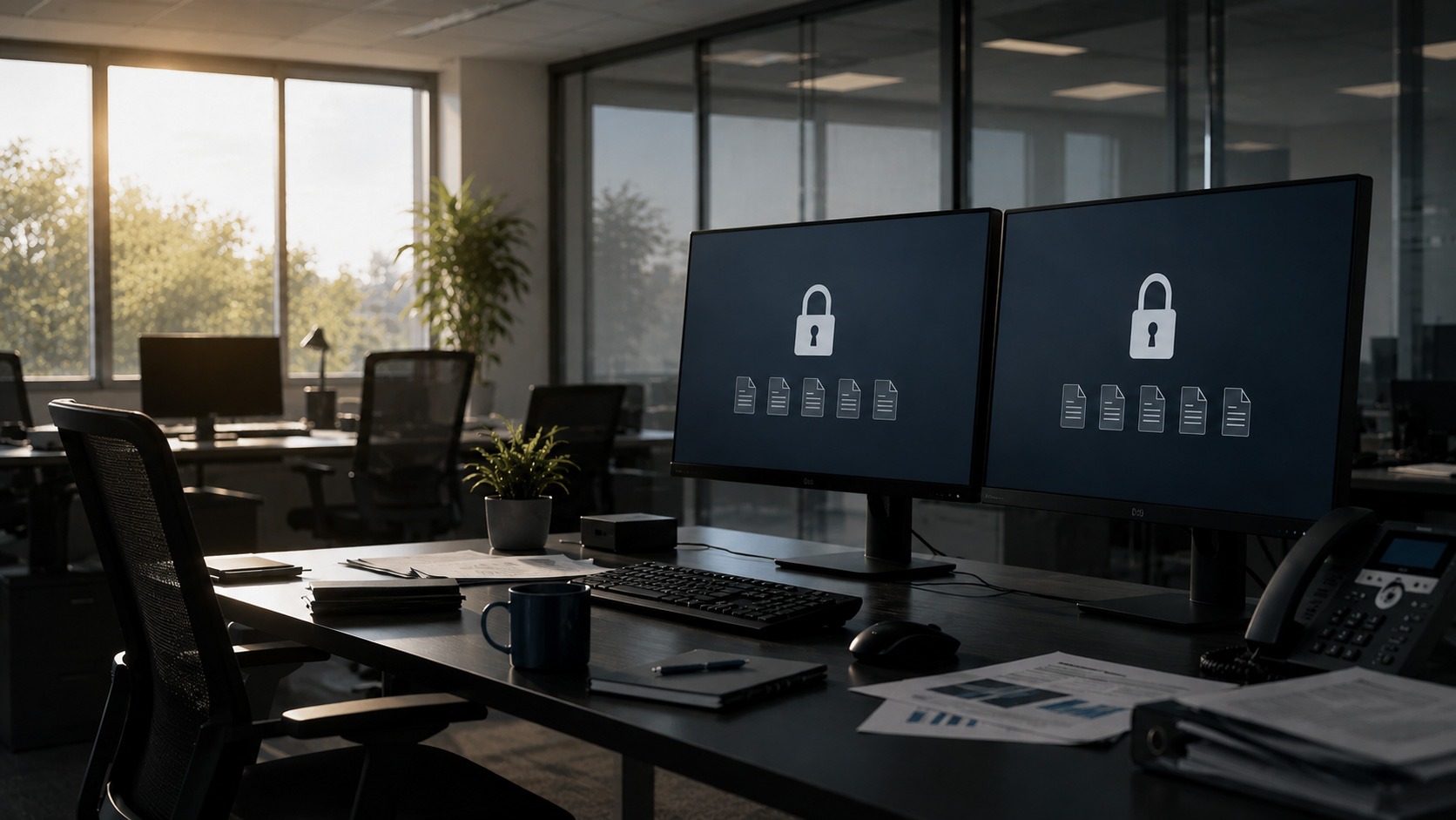 A dark office at dusk with two monitors showing lock icons and encrypted files, representing a ransomware attack